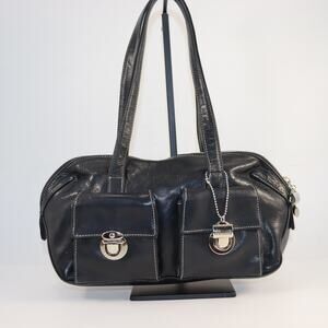 La Bagagerie Black Leather Satchel Tote with Front Pockets